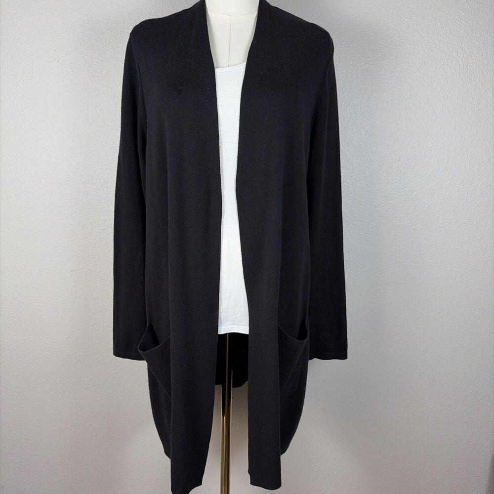 J. Jill Women’s Open Front Long Black Cardigan Sweater Medium Cotton Silk Wool